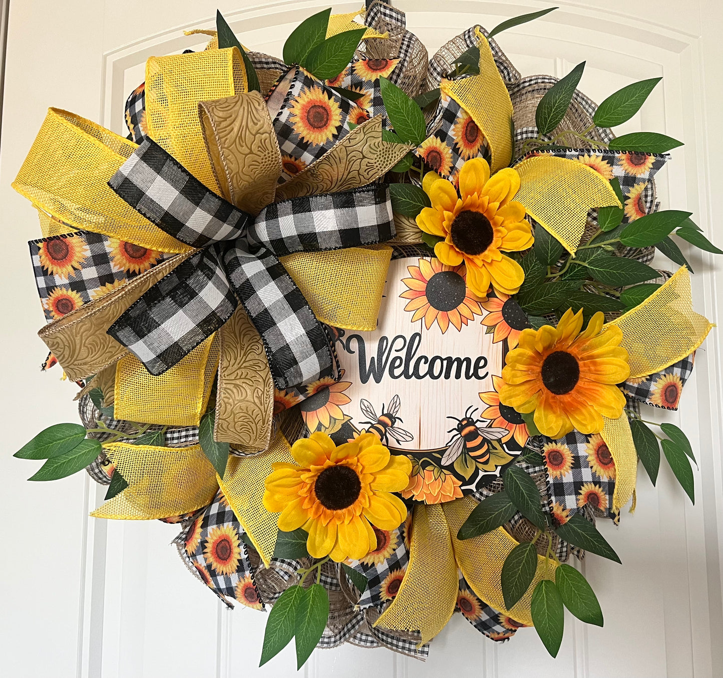 Welcome Sunflower Deco Mesh Wreath, Farmhouse Door Decor Summer/Fall Floral Wreath