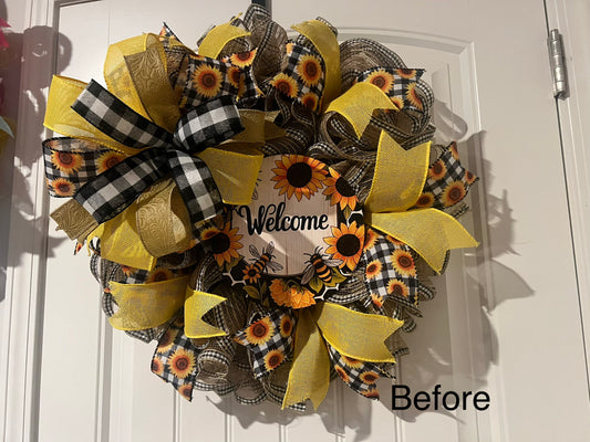 Welcome Sunflower Deco Mesh Wreath, Farmhouse Door Decor Summer/Fall Floral Wreath