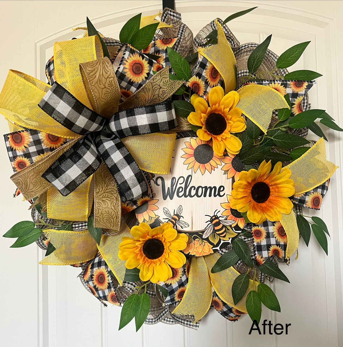 Welcome Sunflower Deco Mesh Wreath, Farmhouse Door Decor Summer/Fall Floral Wreath