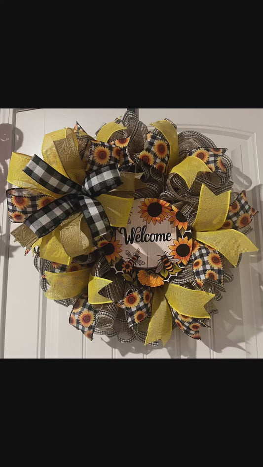 Welcome Sunflower Deco Mesh Wreath, Farmhouse Door Decor Summer/Fall Floral Wreath